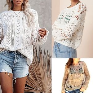 NW Solitaire Knit💮White Fishnet Hollow-Out Oversized Boho Top